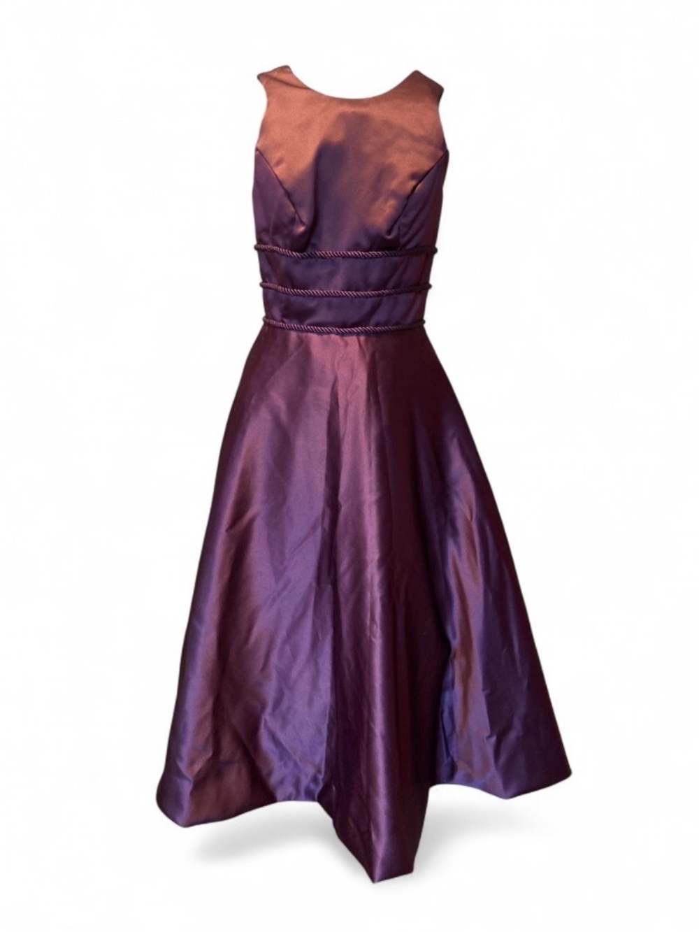 Alyce Designs burgundy satin fit & flare midi dress w/ bow accents, size 6